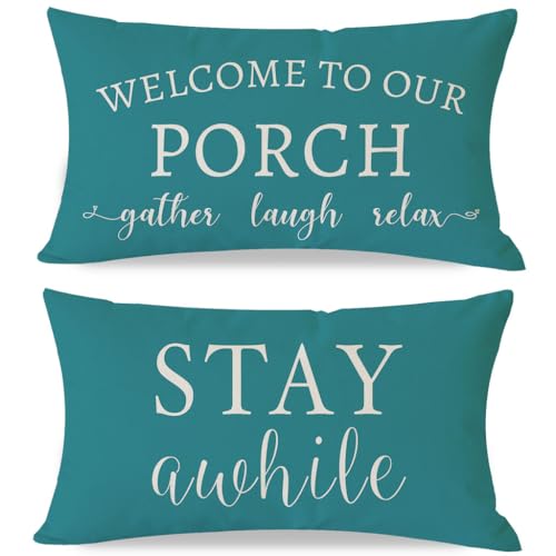 PANDICORN Welcome to Our Porch Stay Awhile Outdoor Lumbar Decorative Throw Pillow Covers 12x20 Inch Set of 2 Relax Modern Farmhouse Coastal Patio Decoration for Year-Round Home Couch Bench Decor, Teal