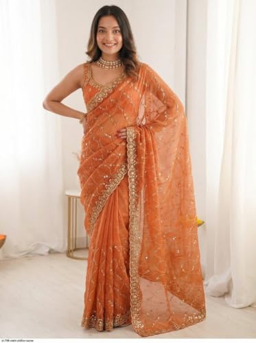 Image of ORHANS Women's Chiffon Saree with Unstitched Blouse Piece Heavy Embroidery Work | Beautiful Saree for Women | Traditional Indian Sari Stylish | Fashionable Saree Modern Design