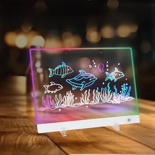 Tableau Lumineux Message LED, Tableau D'écriture 30 x 20 cm 5 Modes & 6 Colorés, Tableaus Magique Tablette lumineuse Dessin, Tableaus Effaçable à Sec en Acrylique avec 7 Stylos Colorés Chaîne Support