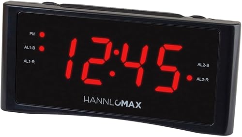 HANNLOMAX Radio despertador HX-151CR, radio PLL AM/FM, alarma dual, pantalla LED roja de 1.2", solo operación de CA (negro)