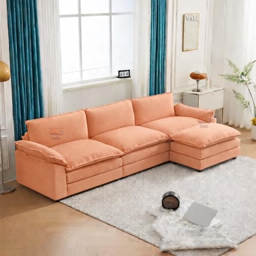 Image of SRMS Sectional Sofa Modern Deep 4 -Seat Sofa Couch | 3 + 1 ottoman | Chenille Sofa Sleeper Comfy Upholstered Furniture for Living Room, Apartment, Studio, Office | L Shape | Peach color
