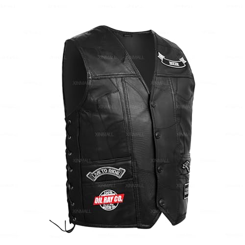 Motorcycle Genuine Leather Biker Vest for Men Club Style Classic Black With Patches2