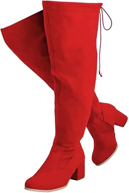 YING LAN Womens Wide Calf Over The Knee Pull On Chunky Block Heel Tall Boots