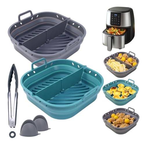Molde silicona air fryer – bandeja silicona air fryer Accesorios freidora de aire Antiadherente y Reutilizable Para freidoras 5,5L a 8L Fácil Limpieza - Set 2 cesta (Gris y Azul) + pinza + agarraderas