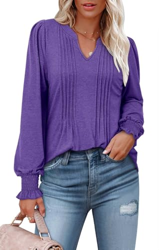 BETTE BOUTIK Long Sleeve Shirts for Women Fall Tops Dressy Blouses Pleated V Neck Tunic Tops for Leggings S-3XL