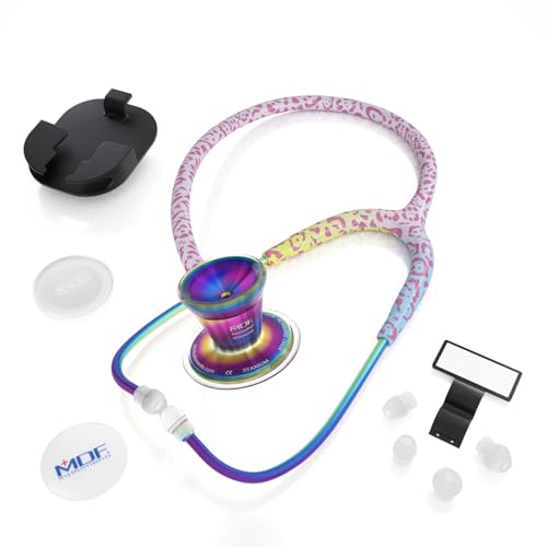 Image of MDF Instruments Rainbow Leopard Kaleidoscope ProCardial Cardiology Stethoscope, Lightweight Titanium, Adult, Dual Head, Rainbow Leopard Tube, Kaleidoscope Chestpiece-Headset, MDF797TRLKL
