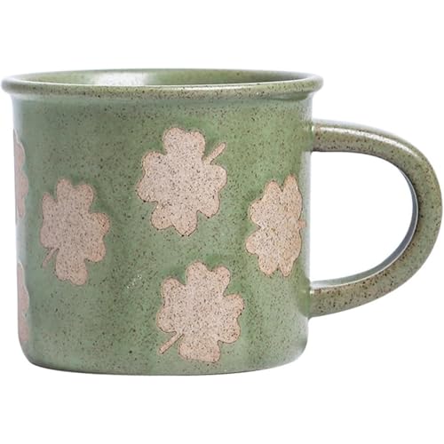 Vlfn 素焼きコーヒーカップ レトロ陶器 マグカップ 小サイズ ごま釉 四つ葉クローバー グリーン窯変 coffee cup おしゃれ朝食カップ インスタ映え