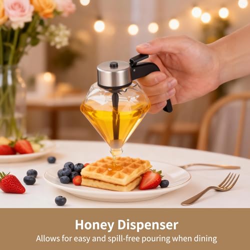 NIMBLOOM 2Pcs Honey Dispenser, 6.7oz/200ml Glass Honey Dispenser No Drip,Beautiful Honeycomb Shaped Honey Jar with Stand, Maple Syrup Dispenser – Honey Pot with Stand – Honey Bottle with Flip Top Lid - Thumbnail 3