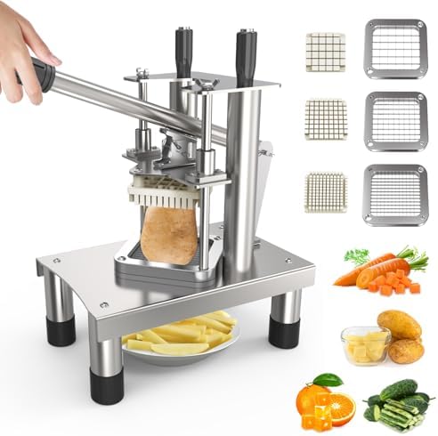 Commercial French Fry Cutter,Stainless Steel French Fries Machine,Heavy Cutter Vegetable Chopper,with 3 Replacement (1/2 Inch, 3/8 Inch and 1/4 Inch Blades),for Restaurants and Home,for Potato,Onion