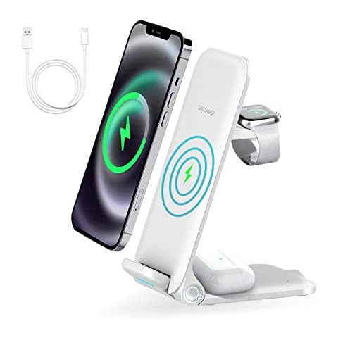 Wireless Charger, 3 in 1 Fast Wireless Charging, 15W Foldable Charging Stand Compatible for iWatch Series 7/6/5/4/3/2/SE,AirPods 3/2/Pro,iPhone 14/13/12/11/X/SE/8,Samsung Phones(No Adapter) (white) Cover