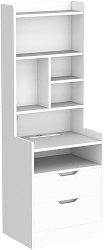 Miniatura 5 de BTHFST Tall Nightstand with Charging Station and LED Lights, White LED Nightstand with Bookshelf, Bedside Table with Shelves and 2 Drawers, Tall End