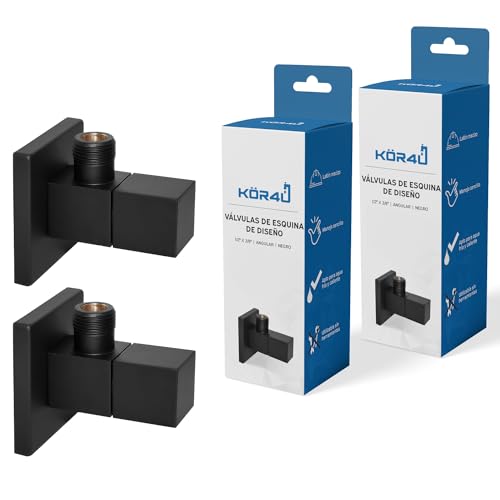 kör4u Juego de 2 válvulas angulares de diseño de 1/2 x 3/8 pulgadas, color negro mate, válvula de cierre de agua cuadrada, con cierre rápido para baño y cocina, incluye rosetas