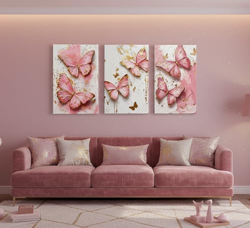 RAQXZHSW 3Pcs Pink Gold Butterfly Canvas Wall Art Luxurious Elegant Abstract Butterfly Painting Picture Wall Decor Poster Printed Artwork for Women's Room Apartment Dormitory Bedroom Home Decoration — view 2