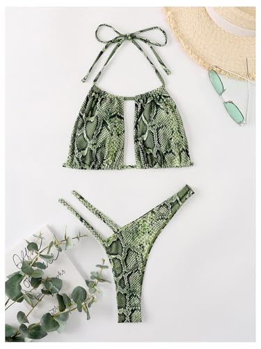 Women's Snakeskin Graphic Halter Bikini Set 2 Piece Cut Out High Cut Thong Swimsuits Beachwear4