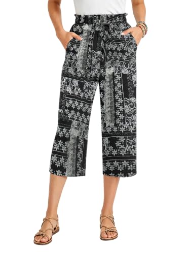 Image of Oyamiki Womens Casual Summer Trouser 3/4 Length Lace Floral Print-Black L