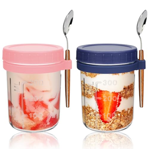 UHAPEER Overnight Oats Jar 350ml, Tarros de Cristal con Tapa y Cuchara Pack de 2, Botes Cristal con Marcas de Medidas y Tapas, Mason Jars para Yogur de Frutas,Cereales, Ensalada, Avena