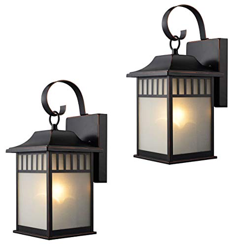 Twin Pack - Designers Impressions 73477 Oil Rubbed Bronze Outdoor Patio/Porch Wall Mount Exterior Lighting Lantern Fixtures with Frosted Glass