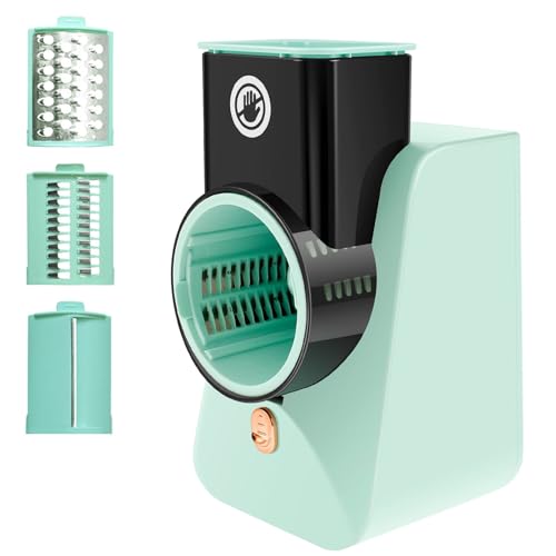 Rallador de queso eléctrico, ensaladora automática con 3 cuchillas diferentes, operación de un solo toque, cortadora eléctrica recargable, rallador de verduras eléctrico portátil para cocina