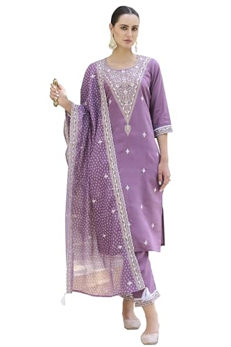 Image of VredeVogel Women's Silk Blend Embroidered Kurta with Pant & Organza Dupatta Set