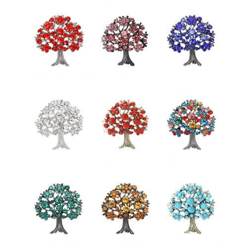 9-Piece Colorful Crystal Tree Of Life Brooch Set