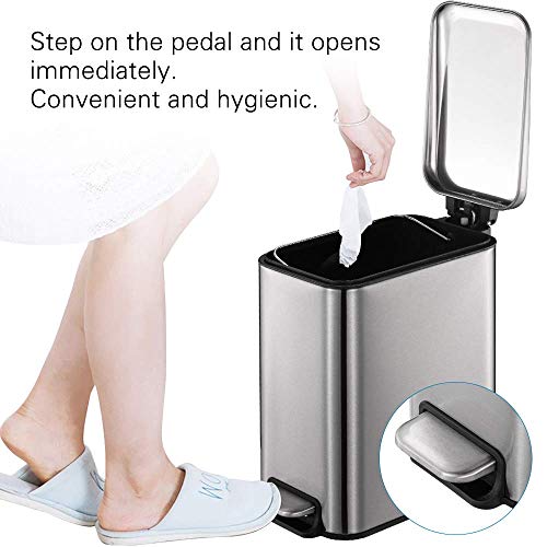 Cltec 5L/1.3Gal Stainless Steel Trash Can With Lid Soft Close, Removable Inner Waste Basket, Slim Small Garbage Can, Rectangular Step Trash Bin For Bathroom Bedroom Office, Anti-Fingerprint, Silver #TOP7