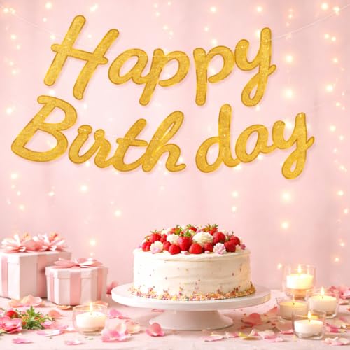 Image of Rozi Decoration Glitter Happy Birthday Banner for Party Decorations | Elegant Cursive Bunting | Reusable Hanging Background for All Ages | Golden Cursive Birthday Banner Sparkle Decor Pack of 1 Set