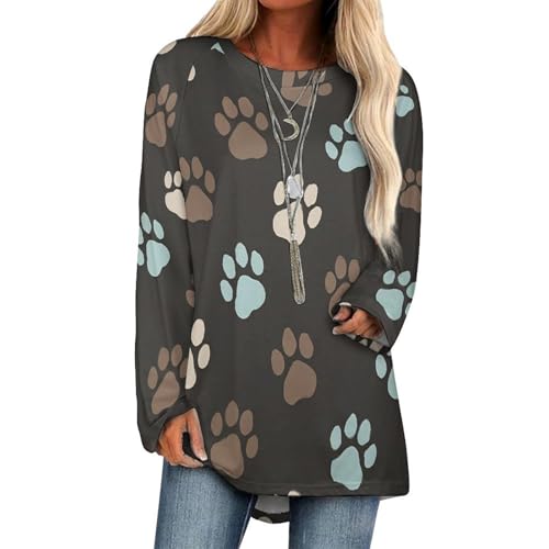 Dog Paw Women Long Sleeve Crew Neck Tee Tops Trendy Casual Dressy Blouses Fall Clothes Pullover Shirt Fashion Curved Hem Shirts