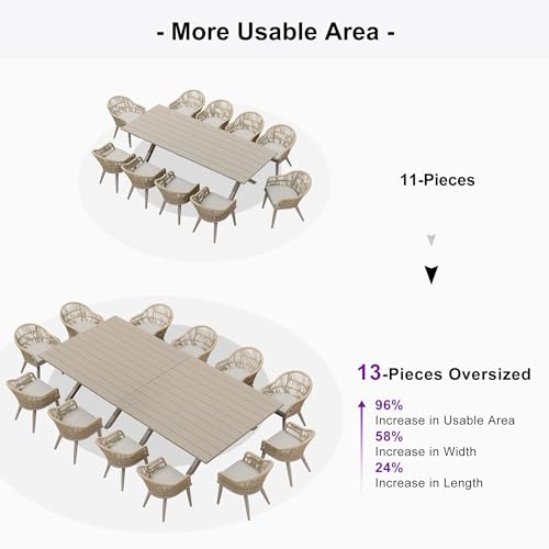 Image of PURPLE LEAF 13 Pieces Oversized Patio Dining Set with Outdoor Aluminium Dining Table and Woven Chairs Modern Metal Furniture Cushions Sets for Garden Yard Indoor Decor Kitchen Champagne