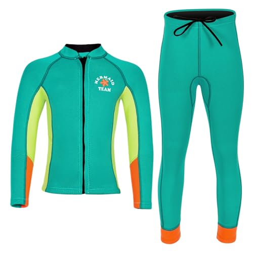 SPSMOKH Muta da bagno termica a compressione per bambini, in neoprene, due pezzi, con cerniera, con leggings (verde, 11-12 anni)