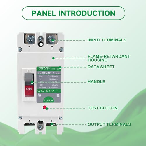 DEWIN DC Leitungsschutzschalter 250A, DC-Leistungsschalter MCCB Gehäuse Solar Batterie Hauptschalter Batterie Trennschalter 2P 250A 500V