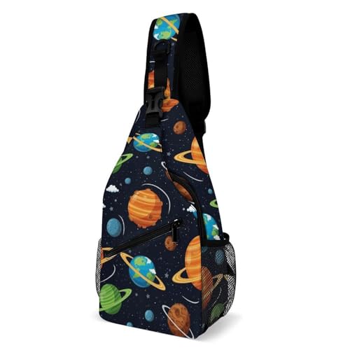 Fashion Traveling Running Casual Chest Bag, Dress Decor Sling Backpack, Shoulder Bag Casual Day Pack Cosmic Space Galaxy Planets Print