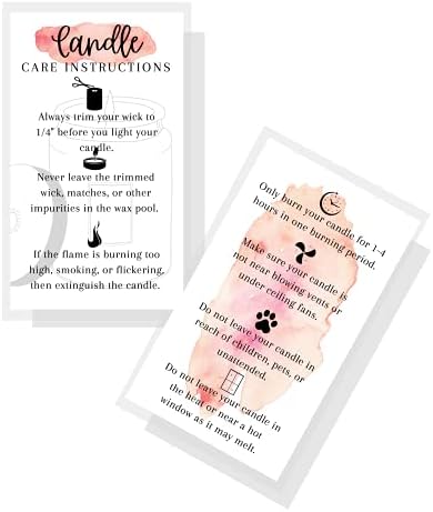 Handmade Candle Care Instruction Card | 50 Pack | for Handmade Candle Makers Soy Bees Wax Coconut Essential Oils | White and Watercolor Card