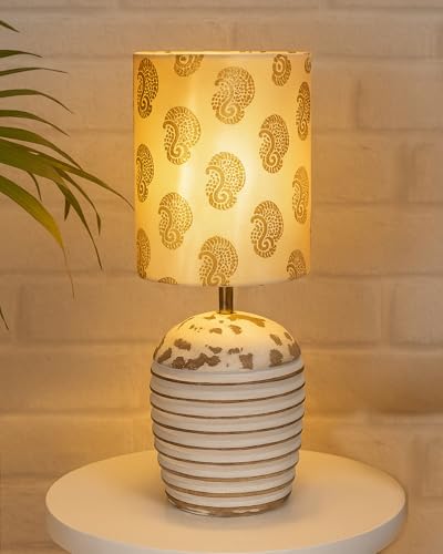 Image of Homesake Wooden Lamp for Living Room | Table Lamp for Bedroom | Bedside Lamp with Fabric Shade | E27 Holder with Bulb Included | Warm Light Night, Study Table & Home Decor, Golden Peacok Shade