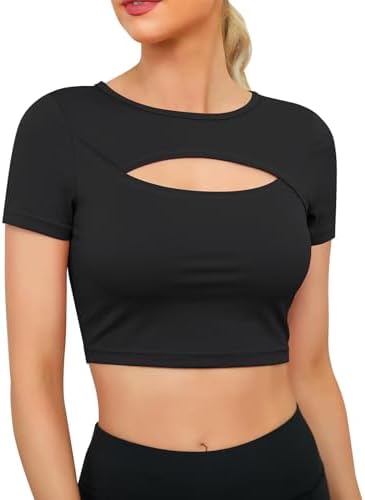 Women’s Workout Crop Tops Round Neck Hollow Short Sleeve Tee Casual Athletic Gym Tops Dance Yoga Activewear T-Shirts