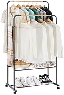 YOUDENOVA Clothes Rail on Wheels Clothes Rack Double Hanging Rails for Clothes Rails for Bedroom Heavy Duty Metal Stand Storage Shelf Black