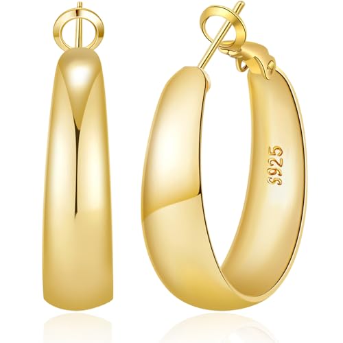 MOYUXI 8mm Tapered Design Thick Large Gold Hoop Earrings for Women Hypoallergenic S925 Post 14K Golden Plated Chunky Hoops Non Tarnish Lightweight Big Thick Gold Hoop Earrings