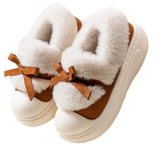 Womens Cute Bow Warm Furry Lined Home Slippers Suede Winter Slide Shoes Non-Slip Outdoor Thick-Sole Ankle Boots