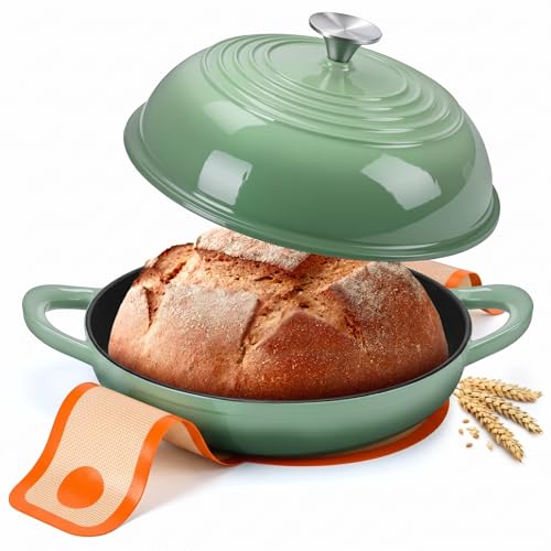 Panela de ferro fundido esmaltada redonda da Leonyo, forno holandês para pão caseiro de fermentação natural, 5,6 litros, verde pistache