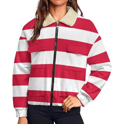 Manteau polaire femme avec imprimé rayures élégantes rouge et blanc en grande taille