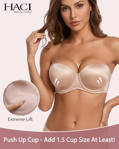 Image of HACI Push up Strapless Bra Thick Padded Demi Underwire Add a Cup Convertible Straps Tshirts Multiway