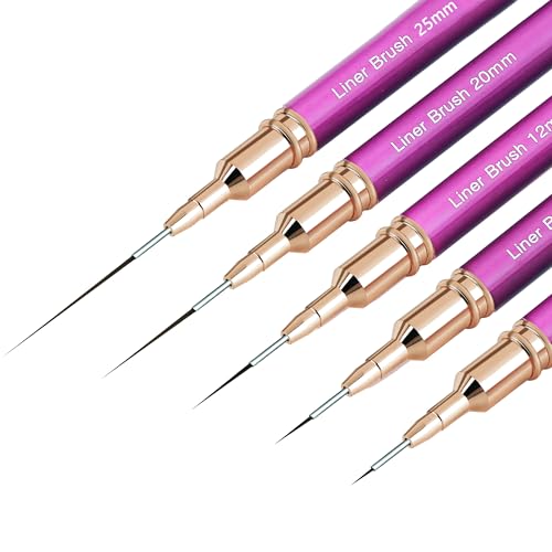 ZEOHBETY Metallic Nail Art Brushes, 5Pcs Nail Art Liner Brushes, Painting Art Design Brush Set Nail Dotting Drawing Tool for Long Lines, Thin Details, Fine Drawing Sizes 6/9/12/15/18mm, Purple