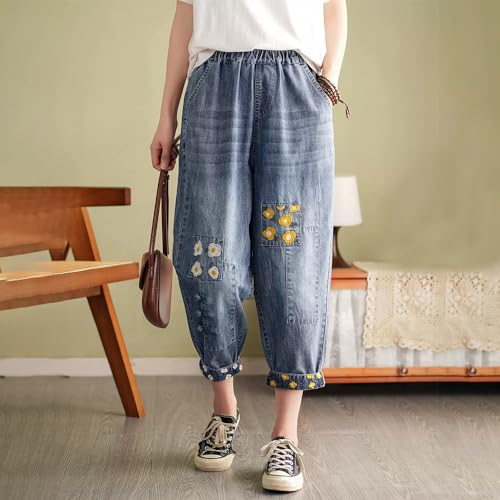 Women's Casual Floral Embroidered Jeans Elastic Waist Long Pants2