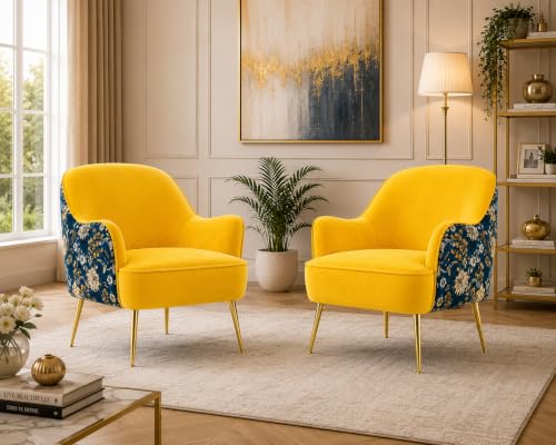 Image of Velvet Chair with Pillow for Home | Modern Accent Armchair in Soft Velvet Fabric with Golden Legs | Premium Accent Chair for Living Room Bedroom Restaurent | (Yellow, Big Zara)
