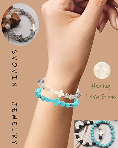 12Pcs Fashion Religion Cross Men Women 8mm Natural Stone Lava Tiger Eye Stretch Anxiety Bracelets Unisex 7.5"4