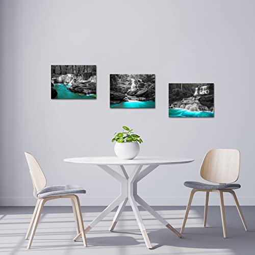 Tiuauit Black And White Waterfall Canvas Wall Art Set Of 3 Pieces Teal Landscape Modern Wall Decor Nature Scince Framed Picture For Bathroom Bedroom Kitchen Decoration Ready To Hang 12"X16"X3Pcs #TOP3