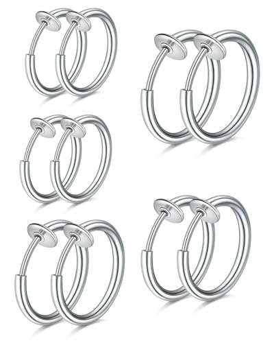 HUVZOR 5 paires de boucles d'oreilles clips en acier inoxydable pour femmes, hommes ou filles, sans perçage, imitant les boucles d'oreilles anneaux (Argent)