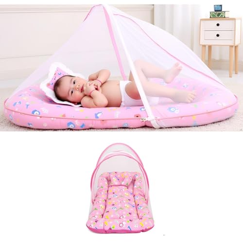 Image of SAFE-O-KID Cotton Baby Mattress with Cushion & Half Openable Mosquito Net | Foldable Bedding Set for Newborns & Toddlers | Lightweight & Travel-Friendly