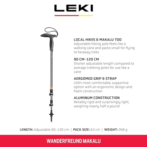 LEKI Wanderfreund Makalu Aluminum Adjustable Lightweight Walking Pole (Single) for Trekking & Hiking - Black-Anthracite-Copper - 90-120 cm
