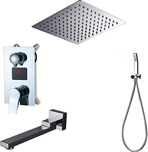 3-funkcyjne baterie prysznicowe z wyświetlaczem cyfrowym, deszczownica, ultracienka głowica prysznicowa, bateria ścienna z mieszaczem, wanna, prysznic, 8 Inch Full Set