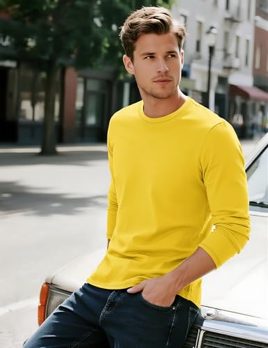 TACVASEN T Shirt Herren Langarm Baumwolle Rundhalsausschnitt Langarmshirt Komfortabel Freizeitoberteil Frühling Herbst Sweatshirt Gelb L